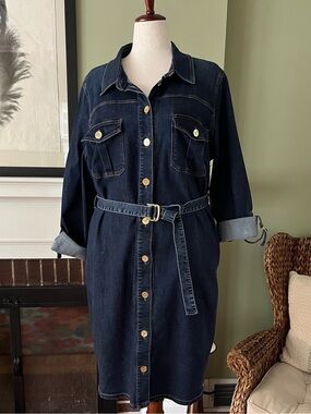 ELOQUII Dark Wash Denim Shirt Dress | Belted | Size 22
